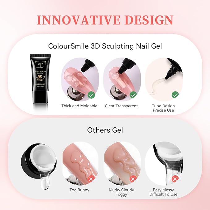 4 in 1 No Wipe 3D Nail Sculpting Gel 40ml - Clear Gel Glue for Nail Tips, Chrome Powder, Gems, Drawing & Christmas DIY Nail Art (UV/LED Lamp Curing Required)