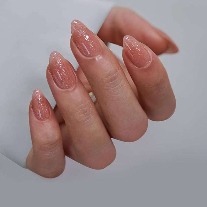 BTArtbox Press On Nails Short - Lamp-Curable Sparkly Almond Press On Nails with Glue for Women, Semi-Transparent Soft Gel Glue On Nails in 16 Sizes - 32 Stick On Nails Kit, Citrine Glow