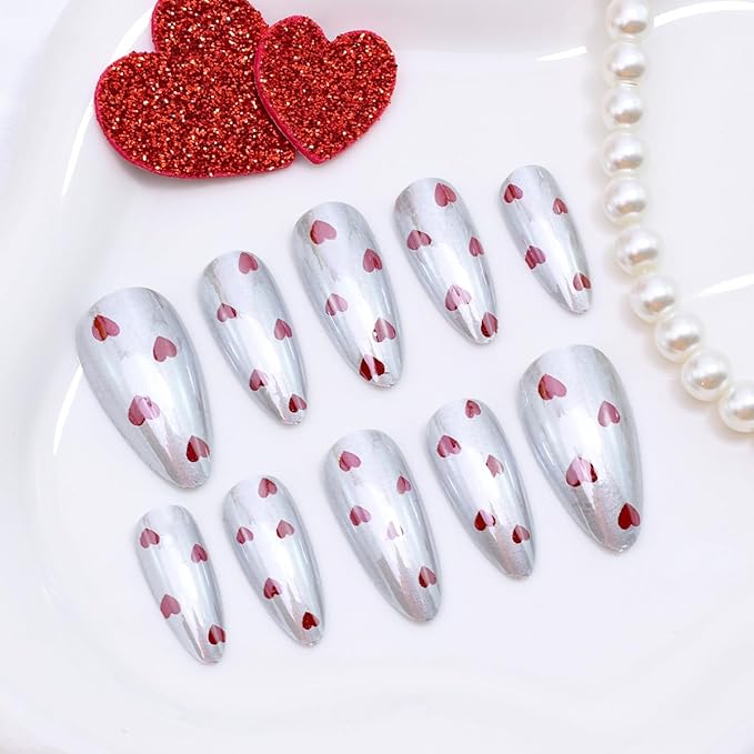 24Pcs Red Heart Press on Nails Medium Almond Fake Nails Mirror Chrome Full Cover False Nails Silver Acrylic Nails Valentines Glue on Nails Reusable Cute Artificial Nails for Women DIY Manicure
