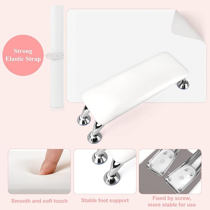 Nail Arm Rest for Acrylic Nails with Nail Table Mat, Microfiber Leather Nail Hand Rest Cushion for Nails, Soft Hand Pillow Footstool with Foldable Nail Art Hand Rest Pad for Nail Tech Use (White)