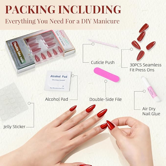 Valentines Red Cat Eye Press On Nails Almond Red Glitter Fake Nails Medium, Holiday Sparkle 15 Sizes Reusable Nail Kit - 30 Pcs with Glue