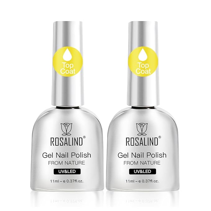 ROSALIND Clear Gel Top Coat, 2Pcs 11ml No Wipe Top Coat Gel Nail Polish Long-Lasting High Glassy Shiny,Need U V/LED Lamp for Home DIY Gift