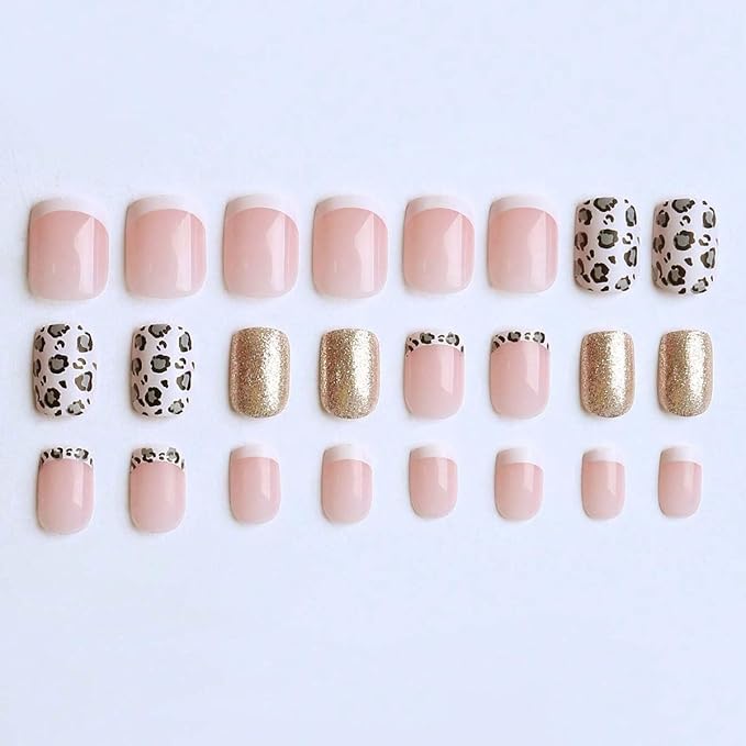 Leopard Print Press on Nails Short Square Fake Nails Glitter Nails Press ons with Design Full Cover Glossy Glue on Nail Stick on Nails for Women Manicure,Reusable | Glue Tabs | Easy Apply | 24Pcs