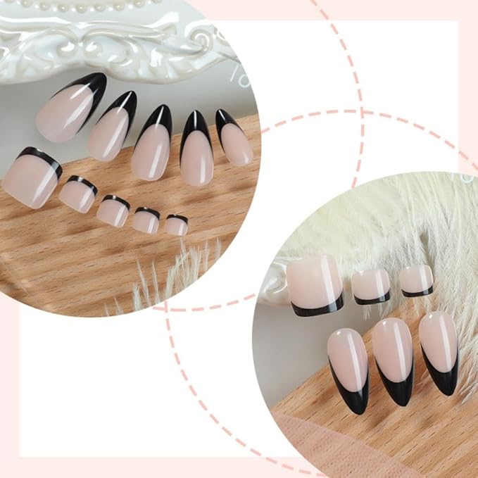 48Pcs Black French Tips Press on Toenails Light Pink Press on Nails Medium Almond Fake Nails with Designs Full Cover SkinTones False Toenails Glossy Summer False Nails for Women Girls DIY Manicure