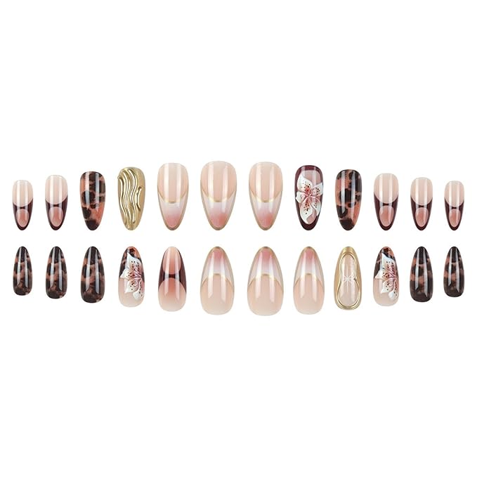 Medium Press on Nails Almond Fake Nails French False Nails Brown Artificial Nails with Gold Charm Designs 3D Flowers Handmade Nails Floral Stick on Nails for Women 24pcs
