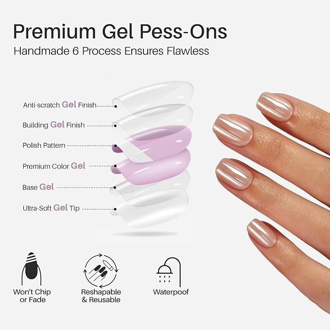 Nude Chrome Press on Nails Square - SHANGMENG Soft Gel Short Press on Nails for Women Gift, Fit Perfectly & Natural Glue on Nails in16 Sizes - 32 Reusable Fake Nails with Glue, Aurora Nude