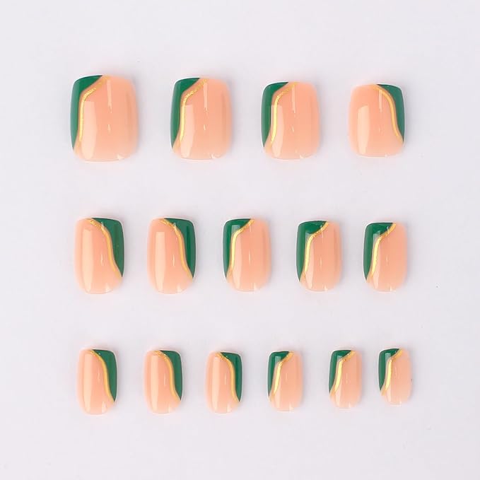 Fall Press On Nails Short Square Nude Fake Nails Green with Gold Stripes Fake Nails Fashion Glossy Acrylic Press ons Nail Gel Stick On Nails Set Glue on Nails for Women & Girls 30Pcs