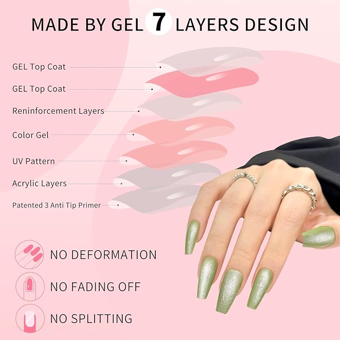 Green Cat Eyes Press On Nails,12 Sizes - 24 Pcs Soft Gel Medium Coffin Fake Nails Kit with Nail Glue, Natural Reusable Stick On False Nails for Women and Girls (Skycloud Green Nails) SK0979