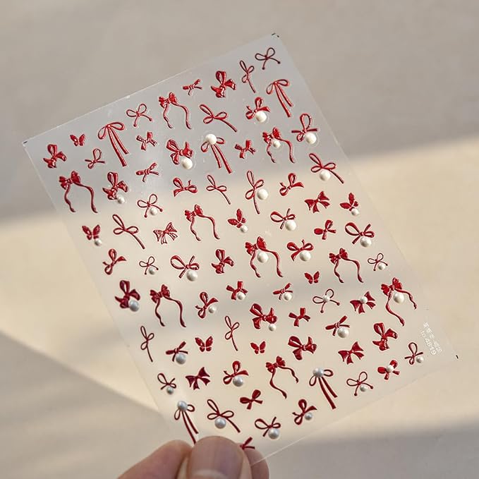 Embossed Bow Nail Art Stickers 5D Valentines Nail Decals with Pearl Design Cute Nail Stickers Self-Adhesive Red Butterfly Nail Accessories Valentines Stickers Supplies for Women Manicure Decor 1Sheet