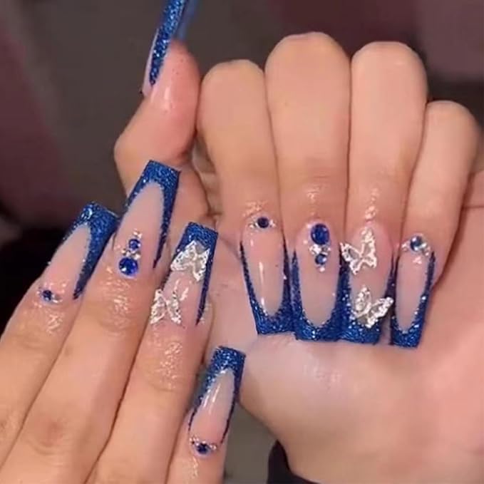 Long Press on Nails Square French Fake Nails Full Cover Nude Acrylic False Nails for Women and Girls 24PCS (Blue Butterfly)