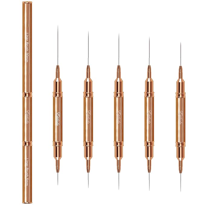 Nail Art Brushes, Double Ended 5PCS Rose Gold Striping Brush Nail Art Liner Brushes Nail Design Brushes for Long Lines, Tiny Details, Nail Brushes for Nail Art, Sizes 5/7/9/10/11/15/20/22/25/30