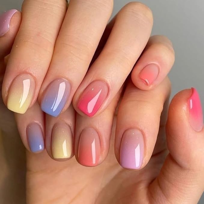 Press on Nails Square Short Fake Nails Short Press ons Nail Tips Artificial Acrylic Kit Full Cover False Nail with Multicolor Gradient Glossy Designs Stick on Nails for Women 24Pcs