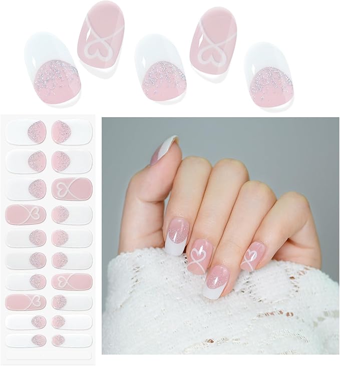 Valentines Day Semi Cured Gel Nail Strips 22Pcs Love Heart Gel Nail Stickers for Nail Art White Heart with French Tip Design Nude Pink Full Wrap Gel Nail Strips Sticker UV Light for Manicure Salon