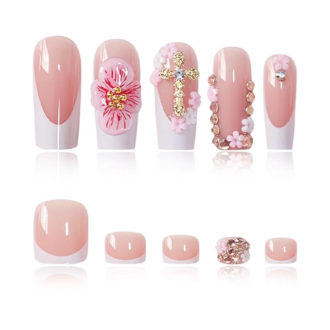 48Pcs Square Press on Nails Medium & Press on Toenails Set, Pink Flowers Fake Nails Short Press on Toe Nails French Cross Acrylic Nails Kit Full Cover Stick on Toe Nails for Women Manicure