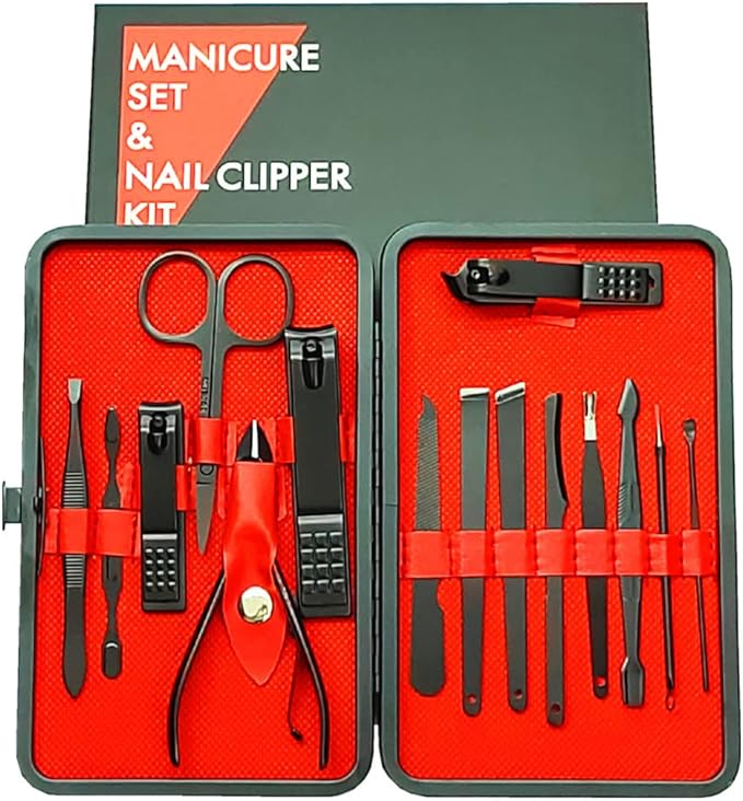 Manicure Set, Professional Nail Clippers Kit, Pedicure Care Tools,Manicure Set for Men and Women-Premium Stainless Steel with Black Leather Travel Case Set 15PC Great Gift(Black)