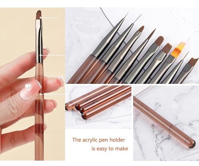 MIKOWEN 9PCS Nail Art Brushes Nail Art Tool Set Striping for Long Lines Nail Drawing Pen For Nail Design Brushes for Gel Polish Clean Up Brushes 3D Nail Art Decorations for DIY Manicure, Brown