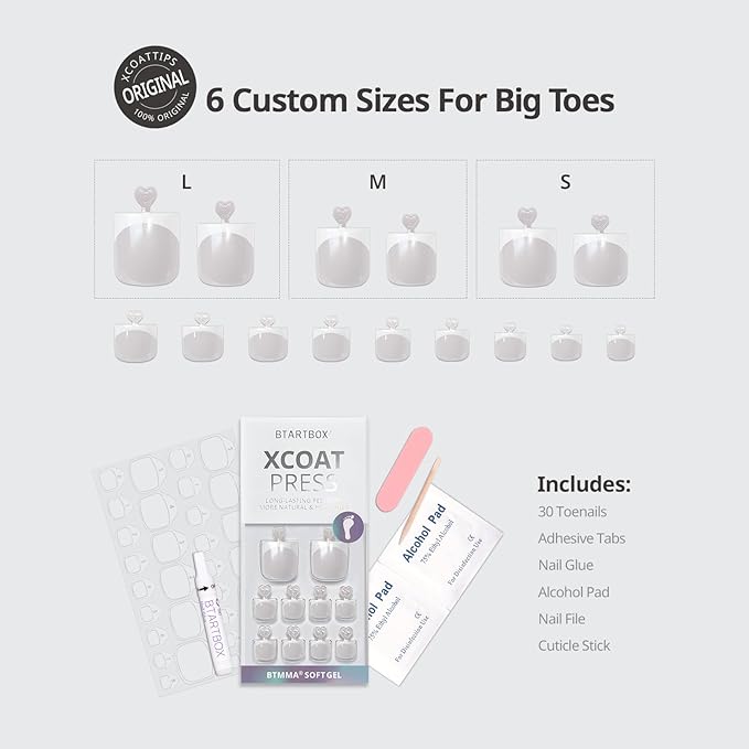 BTArtbox Press On Toenails - Lamp-Curable Sharp Square French Tip Toe Nail Press Ons with Glue for Women, Semi-Transparent Fake Toe Nail Tips in 15 Sizes - 30 Toenails Kit, Alabaster