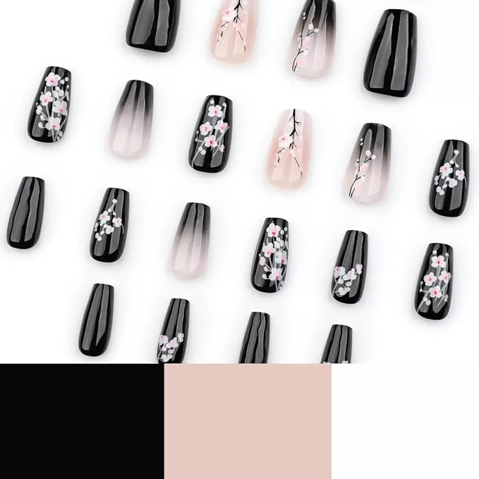 Press on Naills Black - Medium Coffin Fake Nails with Plum Blossom Design - Flower Stick on False Nails for Women - 24 Pcs