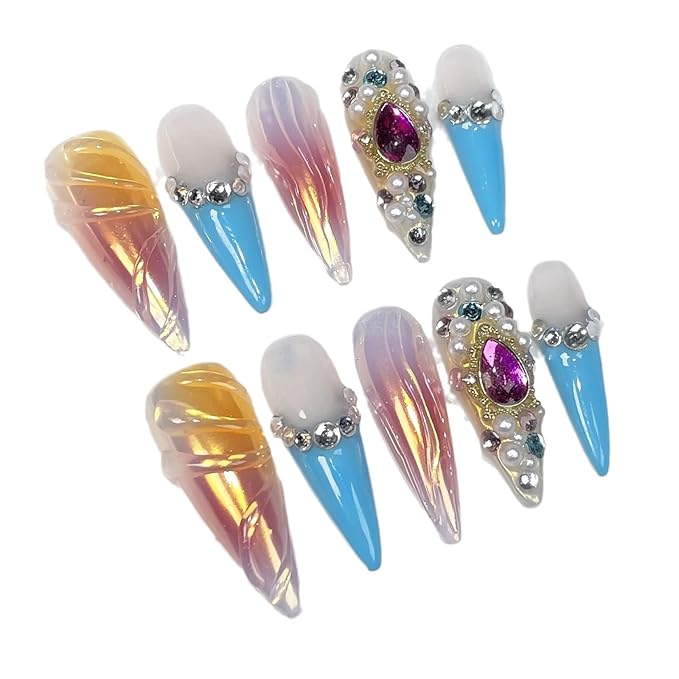 Luxury Handmade Press On Nails Long Stiletto Fake Nails Ombre False Nails with 3D Rhinestones Designs Y2k French Tip Long Almond Acrylic Nails Press Ons for Women 10Pcs (Size M)