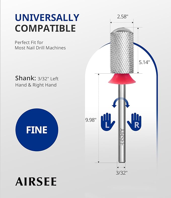 AIRSEE Tungsten Carbide Acrylic Nail Drill Bit Efile Electric File Machine Head Tip for Manicure Polishing Art Remove Gel 3/32" 2 Way Beginner Safety Round Top Cylinder Barrel Fine-F