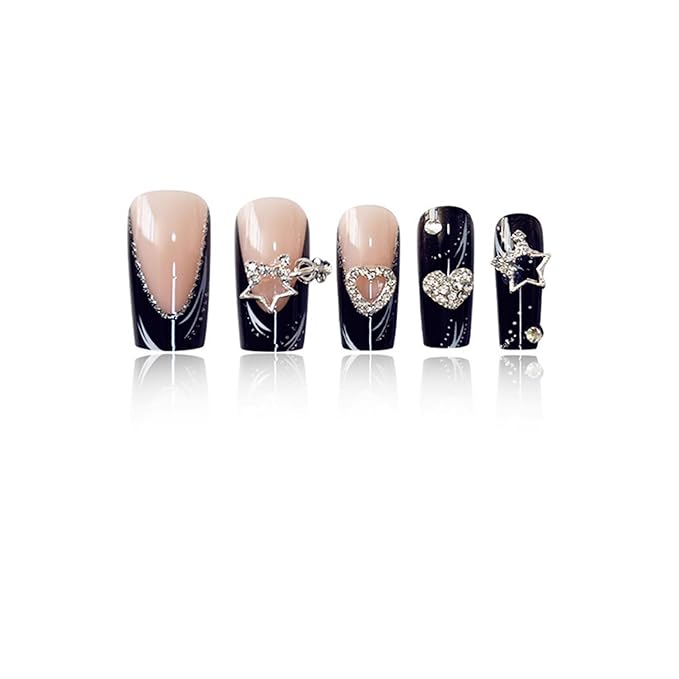 Long Press on Nails Square Fake Nails Black Artificial Nail French Stars and Heart Designs Stick on Nail for Women 24pcs