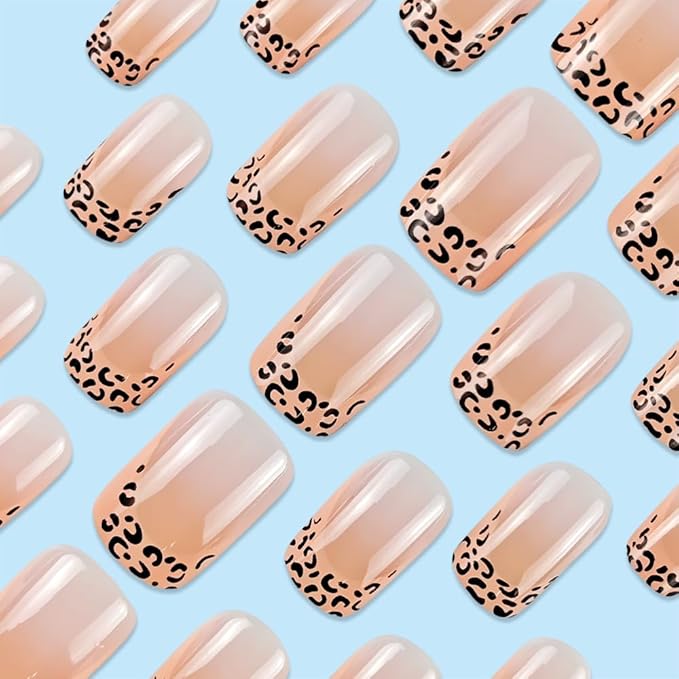 French Tip Press on Nails Leopard Fake Nails Short Square False Nails Glossy Cute Glue on Nail Reusable Acrylic Nails full Cover Stick on Nail for Women Manicure 24Pcs