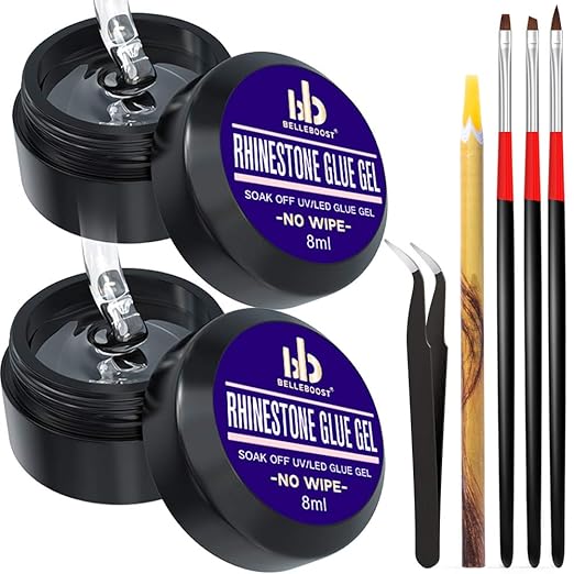 Nail Art 8mlx2 NO WIPE Rhinestone Glue Gel (LED Light Cure Needed) with Cosmetic Pencils Adhesive Gem Jewelry Diamond Beads Stone Gel Nail Polish Clear With 3 Brushes Tools + Pickup Pen + Tweezer
