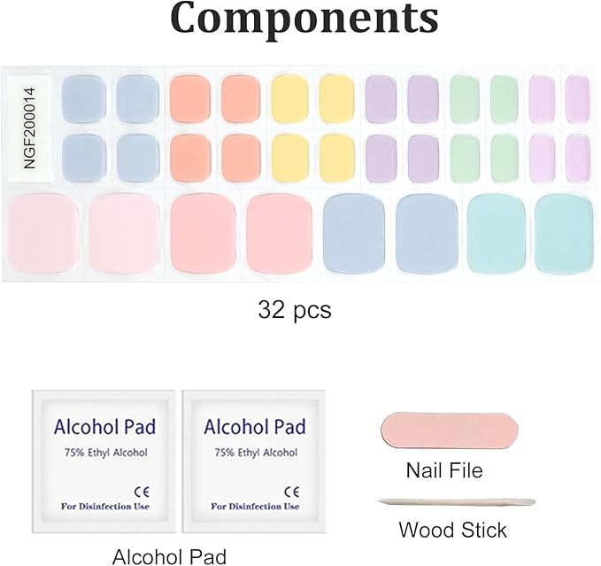 32 Pcs Semi Cured Gel Toe Nail Strips Colorful Pink Blue Gel Nail Stickers Full Cover Nails Wraps Self Adhesive Toe Nails Polish Strips Stickers for Women UV/LED Light Required