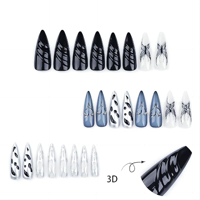 xl Almond Press on False Nails Long Tip Nails Press Ons Black Metallic Butterfly with Pearls Design Fake Nail Full Cover Gel False Nail Kit for Wemons 24pcs