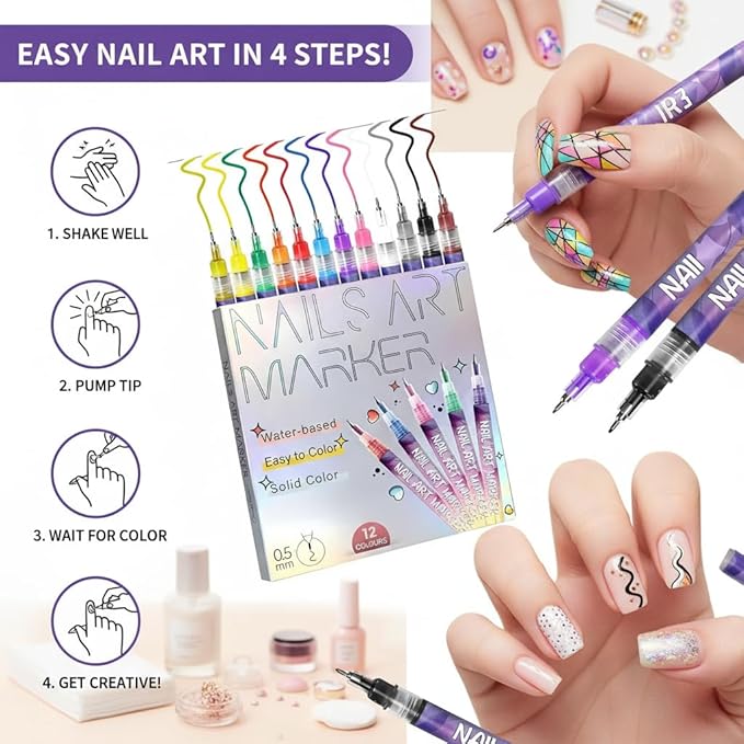 2026 New 12 Colors Nail Art Pens Set, 0.5mm Fine Tip Polish Markers for Drawing - Quick Dry Waterproof DIY Nail Art Kit for Beginners, Gel & Acrylic Nails, Home Salon Manicure Tools (1 Set)