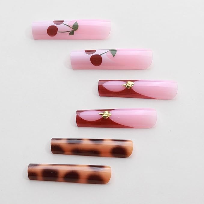 MISUD Press on Nails - Extra Long Square Glue on Nails with Red Cherry, Acrylic Tortoise Design 24 pcs