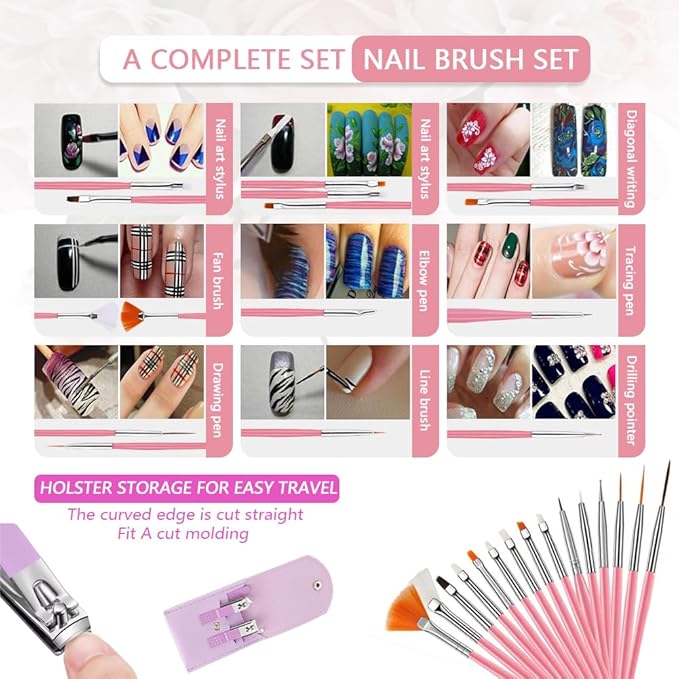 Nail Art Tool Set ,Nail Clippers Set， Painting Brushes Set， 2-way Drawing Dotting Painting Pens.Stainless Steel Durable Nail Clipper Care with Portable Leather Case，Give Nail File.（34PCS）