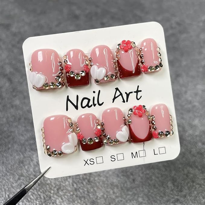 Handmade Press on Nails Square Short Fake Nails French Tip Red with 3D Flower Designs Rhinestones luxury Glossy Cute Acrylic Nails for Women 10pcs (Size M）