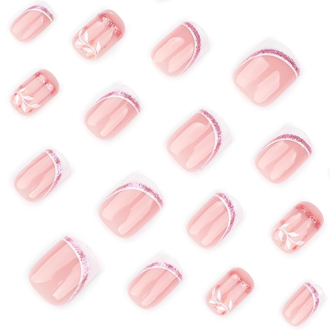 French Press On Nails Short Square, Nude Fake Nails with White French Tip and Minimalist Purple and Gold Line Design, Glossy Gel Finish Acrylic Nails, Natural Reusable Glue On Nails for Women 30Pcs