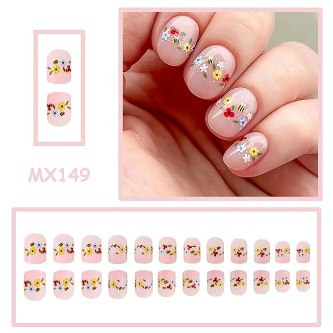 Spring Press on Nails Short Square Fake Nails with Colorful Flower | Bee Designs False Nails Glossy Nude Glue on Nails Reusable Press ons Stick on Nails for Women Manicure 24Pcs