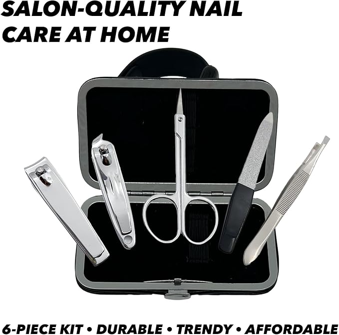 Earth & I 6 Piece Manicure Pedicure Kit, Professional Nail Care and Grooming Tools with Fingernail and Toenail Clippers, Mens Self Care, Travel Mens Toilettries in Hard Leatherette case