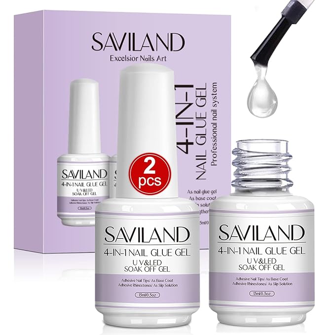 SAVILAND 4-in-1 Nail Gel Set, 2 pcs 15 ML Upgraded Glue for Fake & Press on Nails, Gel Base Strengthen and Nail Repair Treatment, Replacement for Glue.