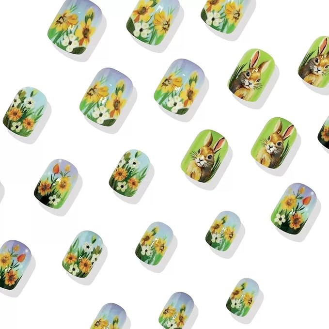 Easter Day Press on Nails - Short Square Fake Nails with Bunny Flower Design - Spring, Green Fasle Nails Press ons - for Women 24 Pcs
