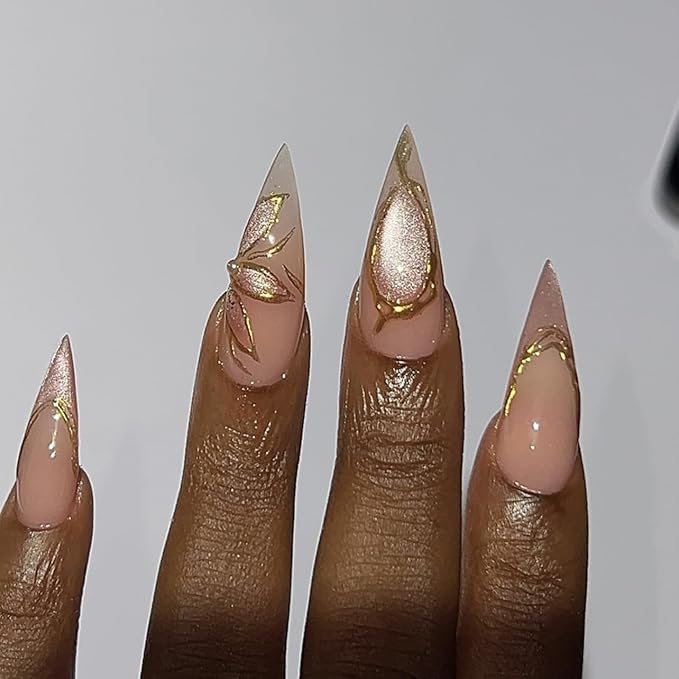 evpct 3D Cat Eye Press on Nails Medium Almond with Gold Line Design, Nude French Tip Stick on Nail for Women Gift with Kit, Reusable Full Cover Soft Gel Press on Fake Nail with 3D Flower Floral Design