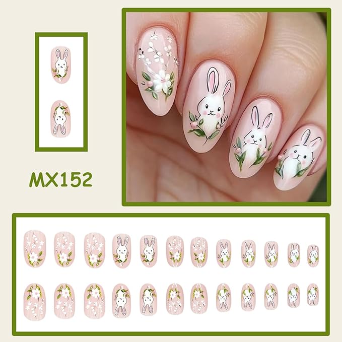 Cute Rabbit Easter Press on Nails - Medium Oval Fake Nails with Spring Flower Designs Pink False Nails Press ons Reusable Full Cover Stick on Nails Easter Nails for Women Manicure 24Pcs
