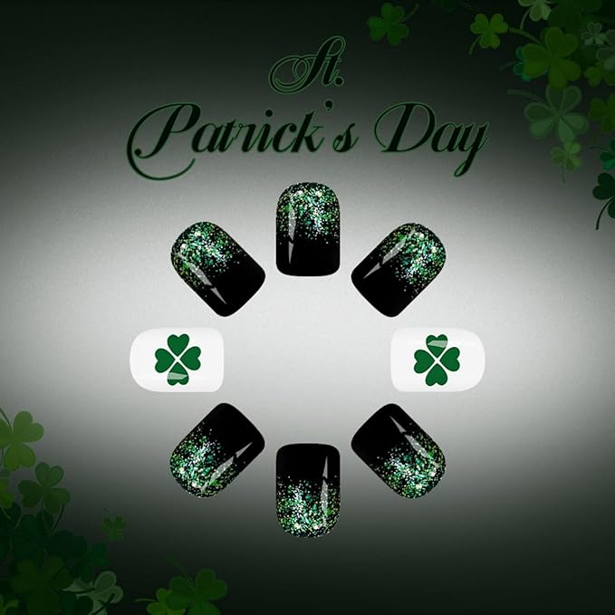 St. Patrick's Day Press on Nails Medium Almond Fake Nail with Winter Green Four-Leaf Clover Designs False Nails Press Ons Stick on Nails Gift for Women 24pcs
