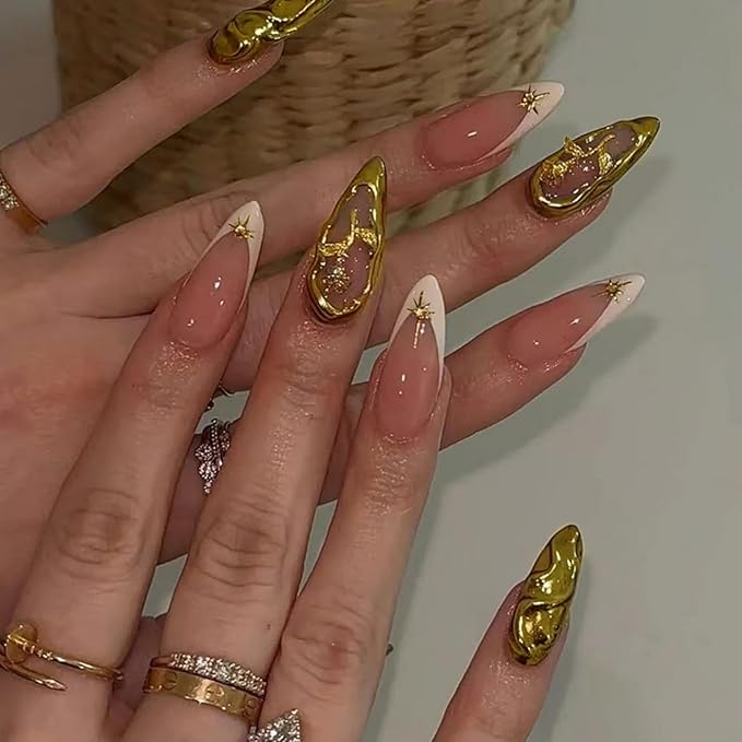 Almond Press on Nails Medium Fake Nails French False Nails Gold Artificial Nails with 3D Flowers Designs Acrylic Nail Press ons Glitter Stick on Nails for Women 24pcs