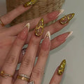 Almond Press on Nails Medium Fake Nails French False Nails Gold Artificial Nails with 3D Flowers Designs Acrylic Nail Press ons Glitter Stick on Nails for Women 24pcs