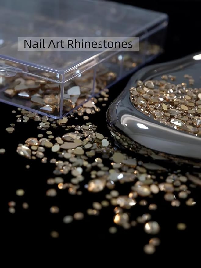 Gold Rhinestones for Nails, 6080Pcs Gold Nail Art Rhinestones Kit, 3D Flatback Crystals Diamonds for Nail Art Design, Mix Sizes Nail Charms and Gems(Tweezers Included)