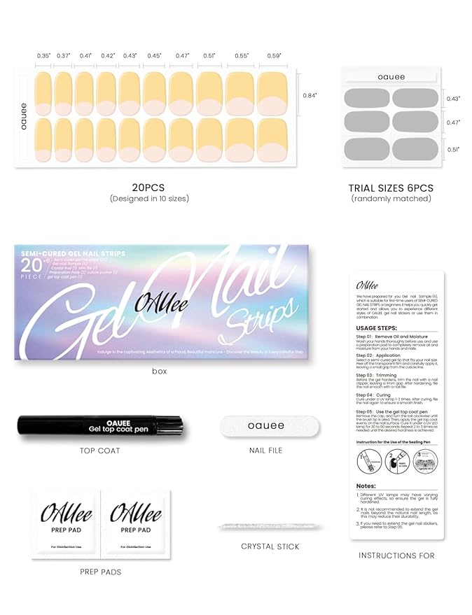 Semi Cured Gel Nail Strips | Built-In Gel Top Coat | UV Light Required | Salon Quality, Easy Application And Removal (Sunshine French）