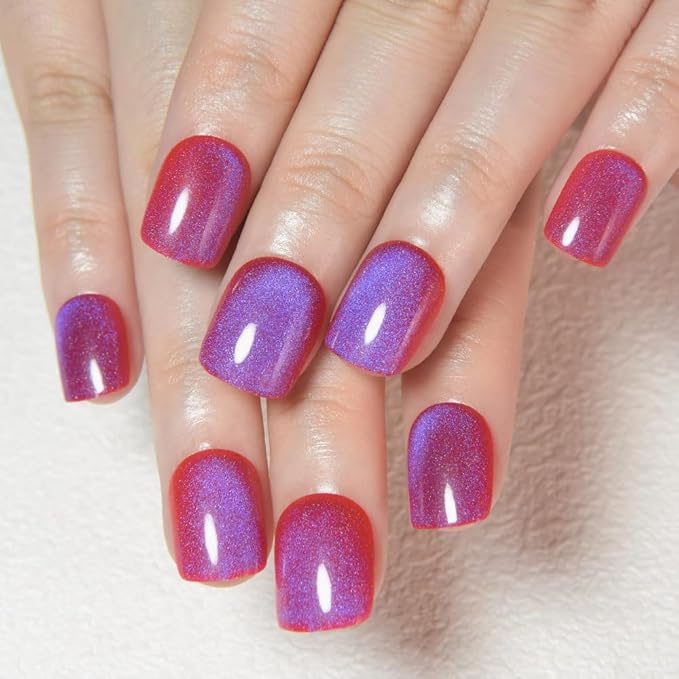 Blue Red Cat Eye Extra Short Press on Nails Square, Petite Short Square Stick on Nails for Women Gift, Purple Red Metallic Glitter Glossy Reusable Soft Gel Press on Acrylic Fake Nail with Designs