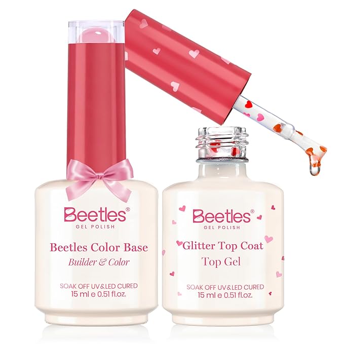 Beetles Heart Glitter Top Coat and Rubber Base Color Gel Polish Kit, Easy Heart & Glossy Shine Nail Art, Long Lasting Soak Off Manicure Spring Gift for Women