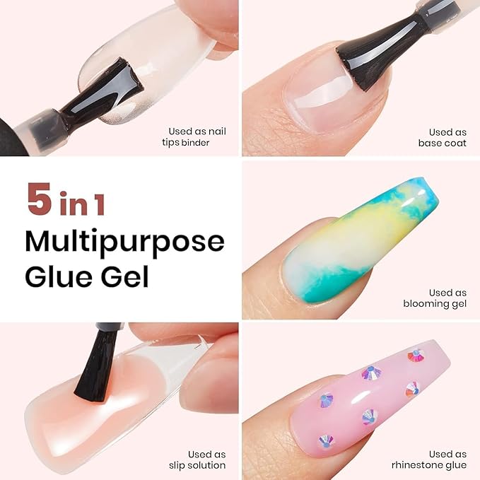 beetles Gel Polish 2Pcs 15ml Nail Glue Kit for Acrylic Nails, 5 in 1 Super Strong Brush in Nail Gel Glue for False Nails Tips and Gel Nail Polish Led Lamp Required