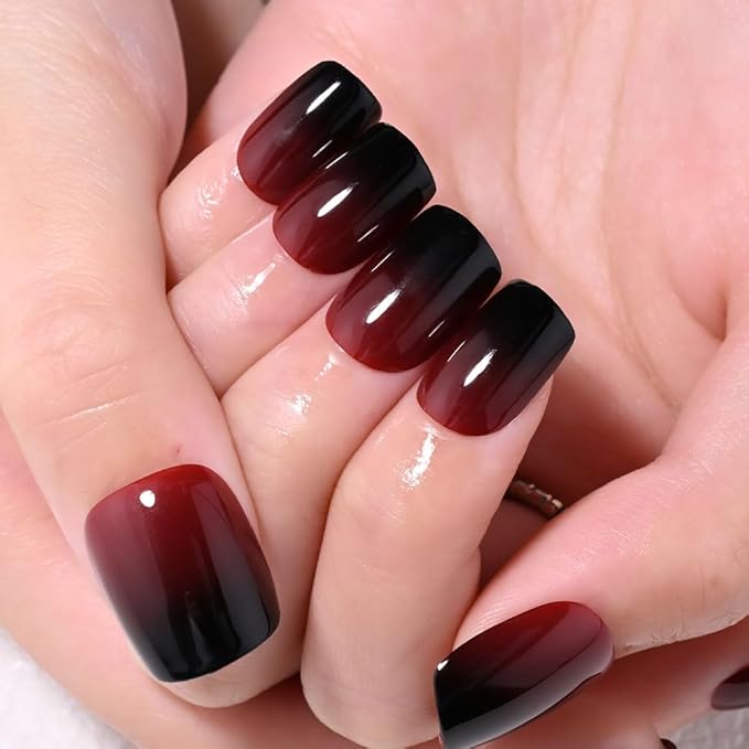 Red Black Ombre Press on Nails, Short Square Acrylic Fake Nails Design, Natural Reusable Nails Kit for Women DIY False Nail Art Decoration Gift, Salon Quality Reusable 15/30 Pcs