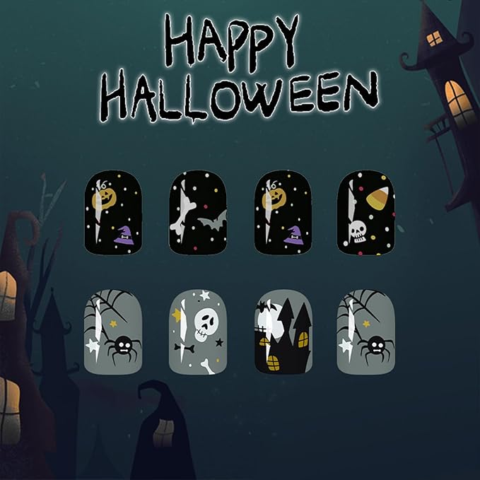 2 Packs 48Pcs Halloween Press on Nails Short Square Fake Nails Ghost Acrylic Nails with Eye Bat Pumpkin Designs Gray Black Glue Stick on Nails for Women Girls Festival Decoration